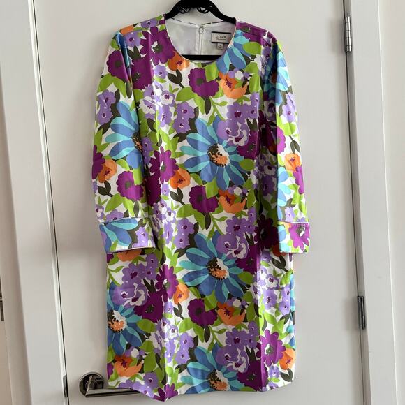 New J. Crew Shift Dress Purple Round Neck Floral Silk Back Zip Long Sleeve Sz 12 - Picture 1 of 7